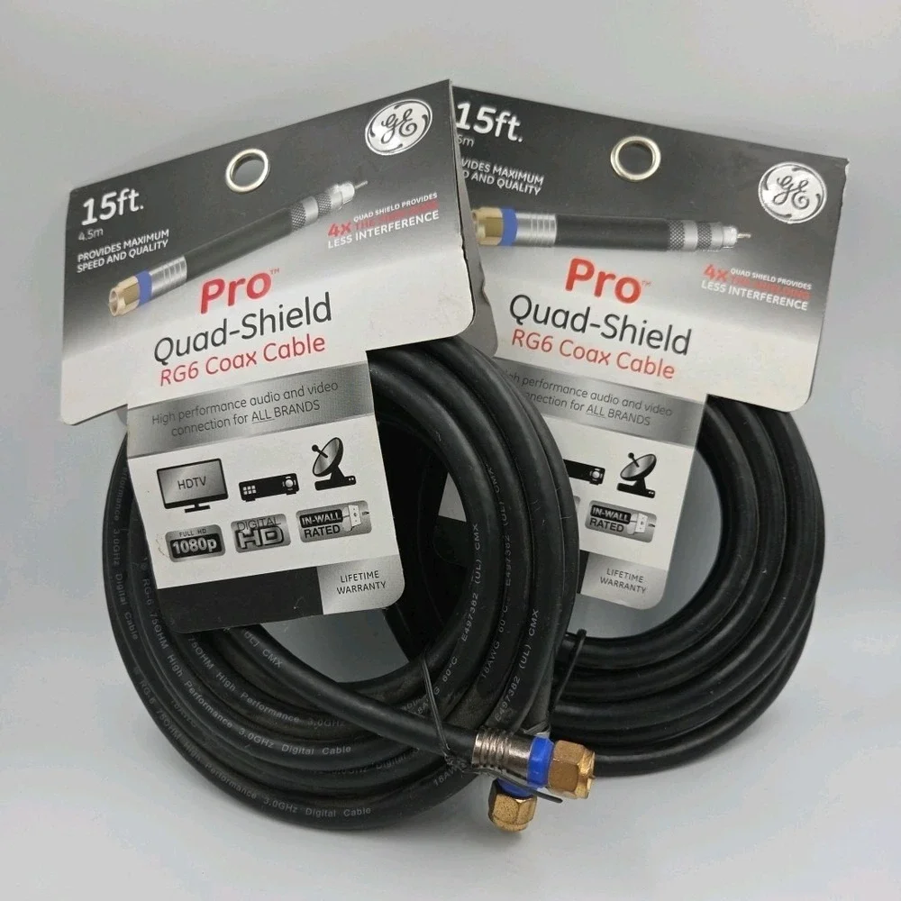 GE 33732 Pro Quad-Shield RG6 Coax Cable 15 ft 4.5m by jasco 2018 New Lot Of 2